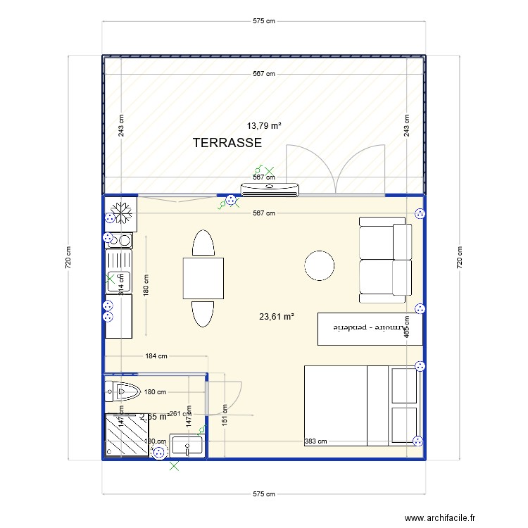 base studio sans carport . Plan de 3 pièces et 40 m2