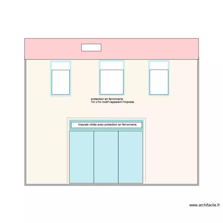 Fa&ccedil;ade 3 fen&ecirc;tres simples. Plan de 1 pièce et 36 m²