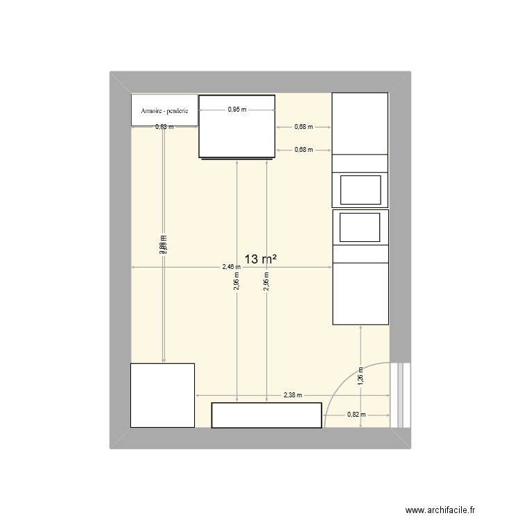 chambre des poupous. Plan de 1 pièce et 13 m2