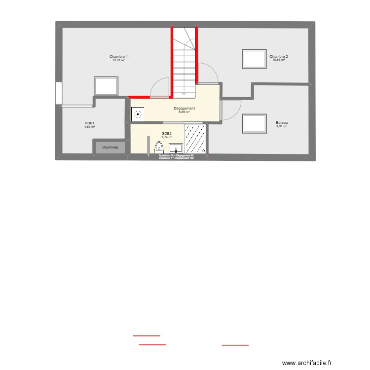 PAM Etage Cloisons. Plan de 7 pièces et 49 m2
