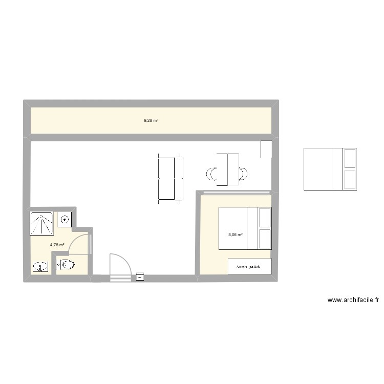 A deux. Plan de 3 pièces et 22 m2