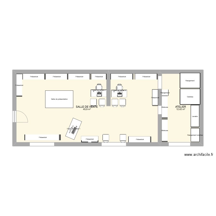 magasin. Plan de 2 pièces et 58 m2