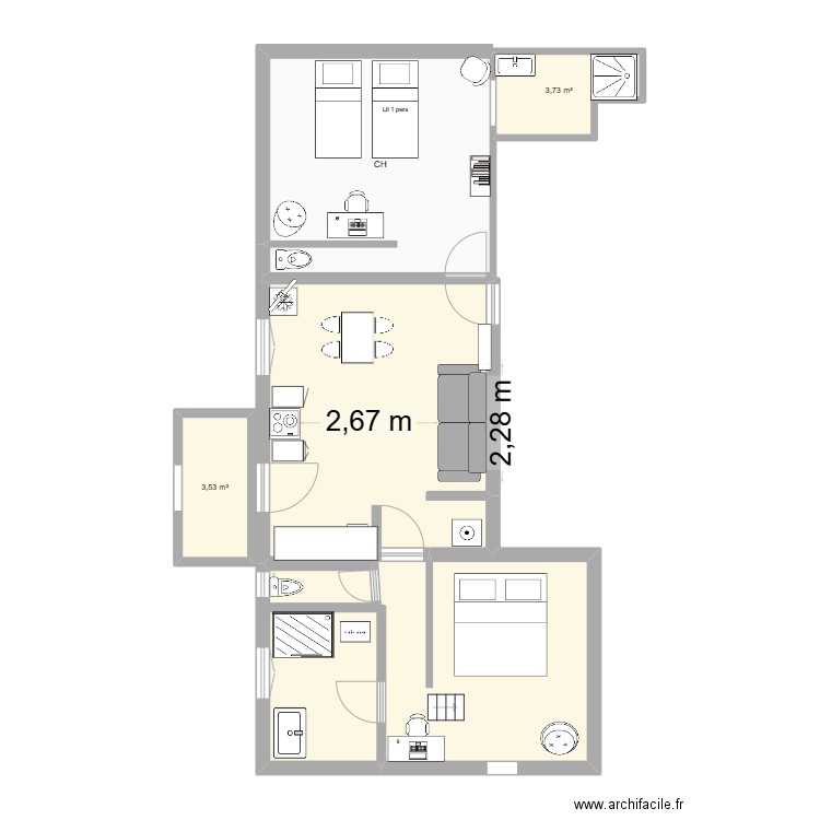 GITE 2. Plan de 4 pièces et 70 m2