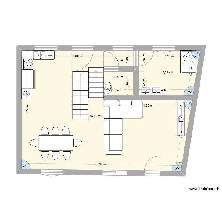 rdc2. Plan de 2 pièces et 54 m2