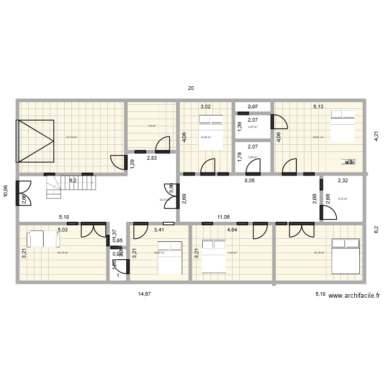 avec cotations. Plan de 13 pièces et 190 m2