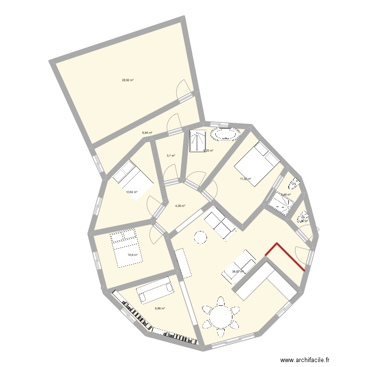12 pans. Plan de 12 pièces et 133 m2