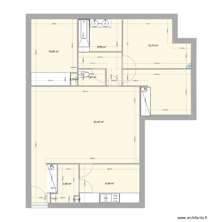 Appt-T3. Plan de 9 pièces et 88 m2