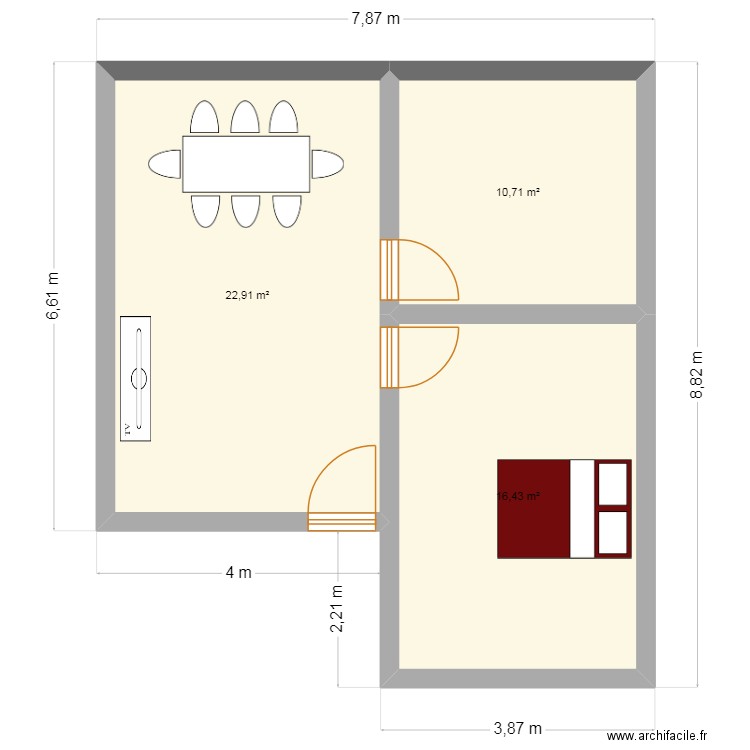 Essaie. Plan de 3 pièces et 50 m2