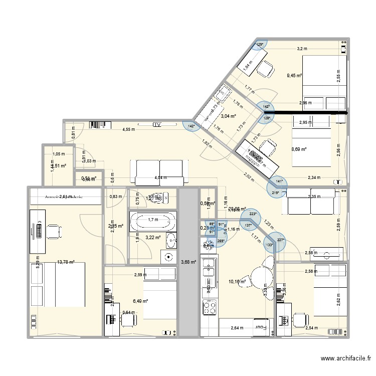 levallois6. Plan de 15 pièces et 94 m2