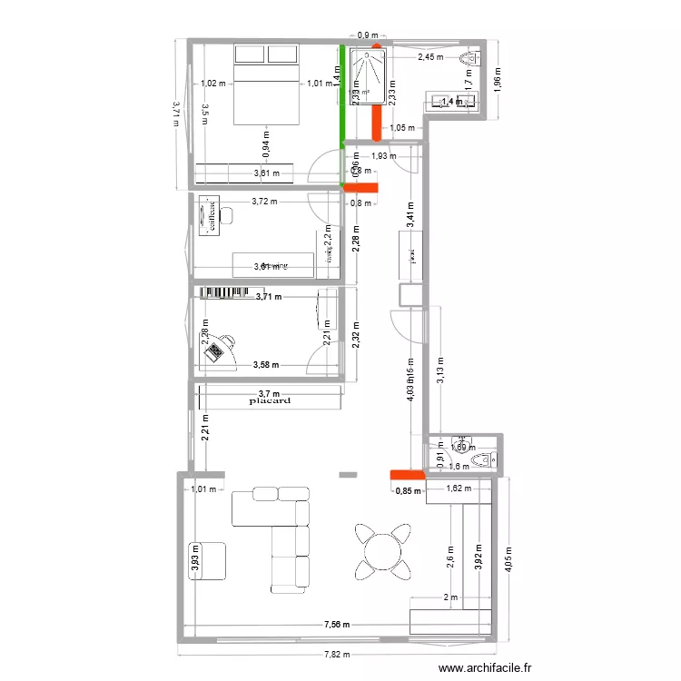 plan sdb agrandie avec douche 140x90. Plan de 