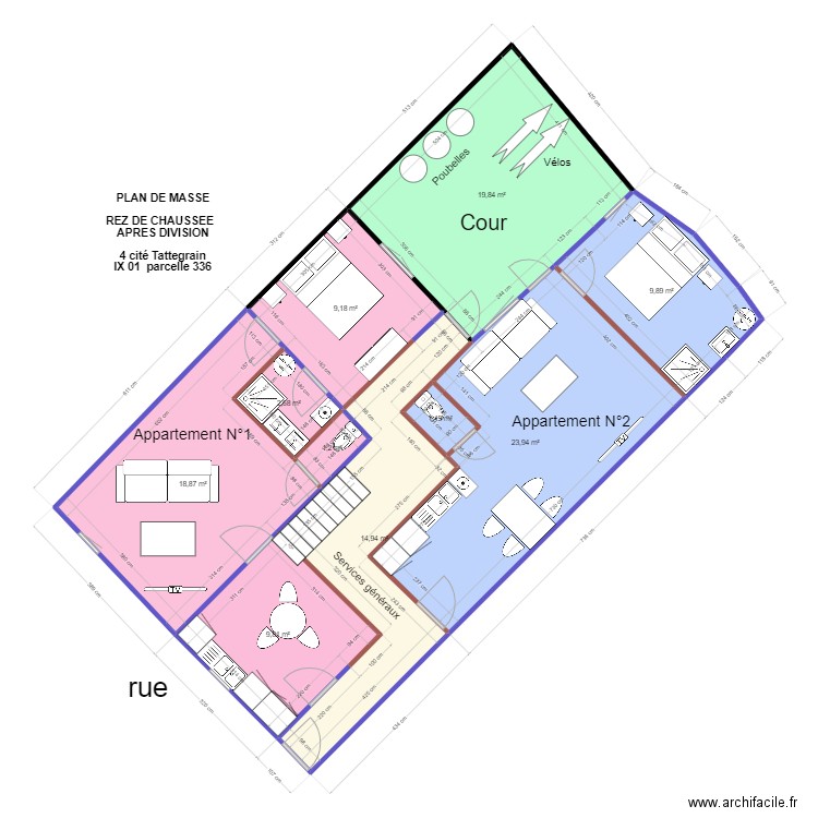 TATTEGRAIN plan de masse rez de chaussée  APRES DIVISION. Plan de 10 pièces et 112 m2