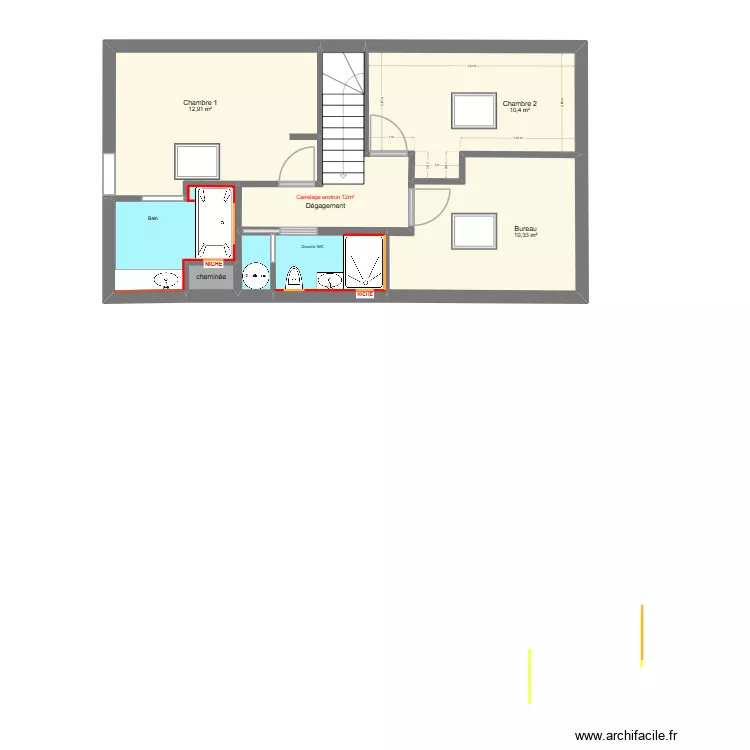 PAM salle de bain V1. Plan de 8  et 49 m²