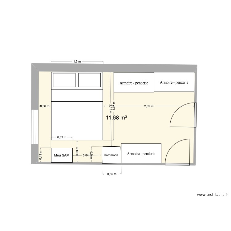 Chambre chris deuxième projection. Plan de 1 pièce et 12 m2