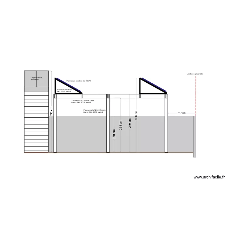 vue de cot&eacute; pergola solaire BERTAUX avec PS. Plan de 
