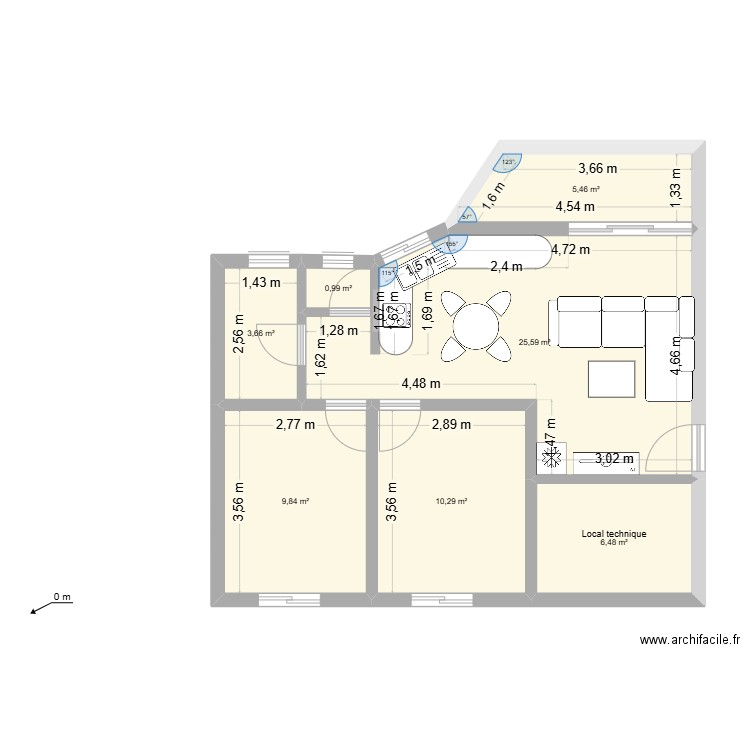 PM3 Jubilé 01 aménagé. Plan de 7 pièces et 62 m2