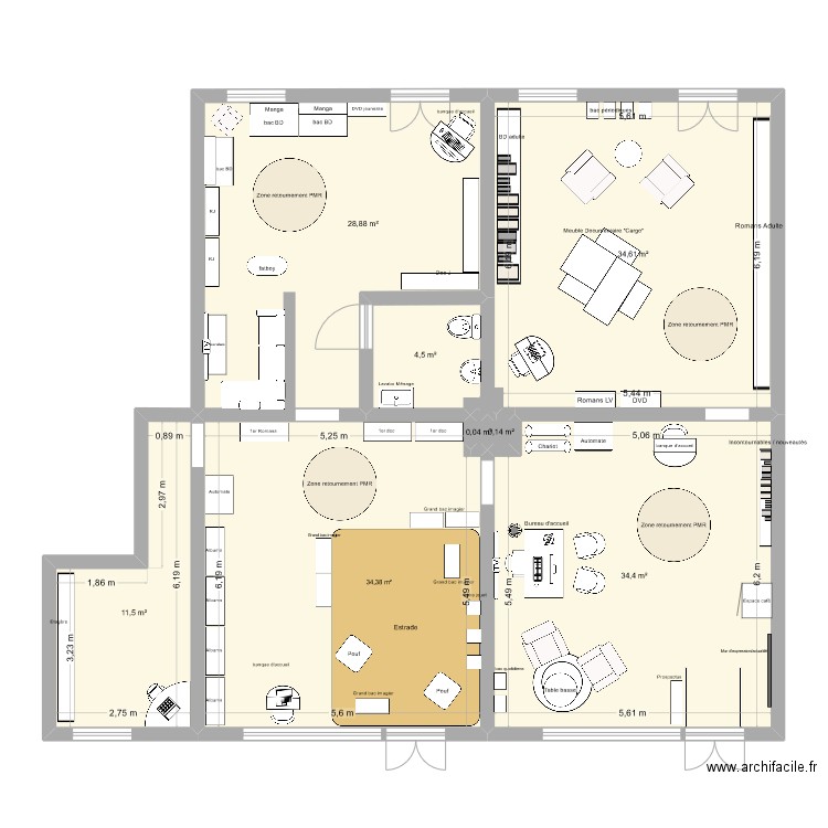 Médiathéque éphémère Aménagement 2. Plan de 8 pièces et 148 m2