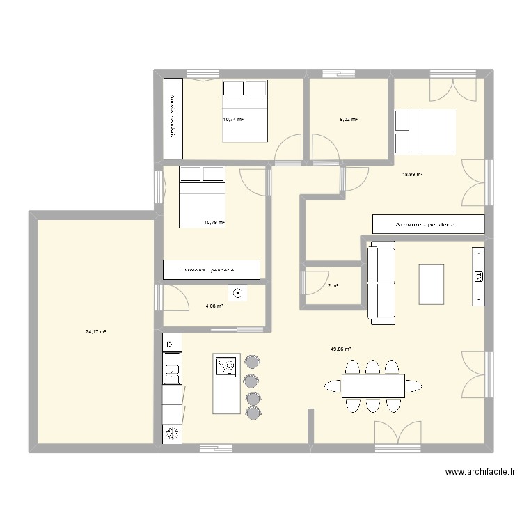Plan Rectangle. Plan de 8 pièces et 127 m2