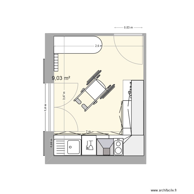 Cuisine RDC. Plan de 1 pièce et 9 m2