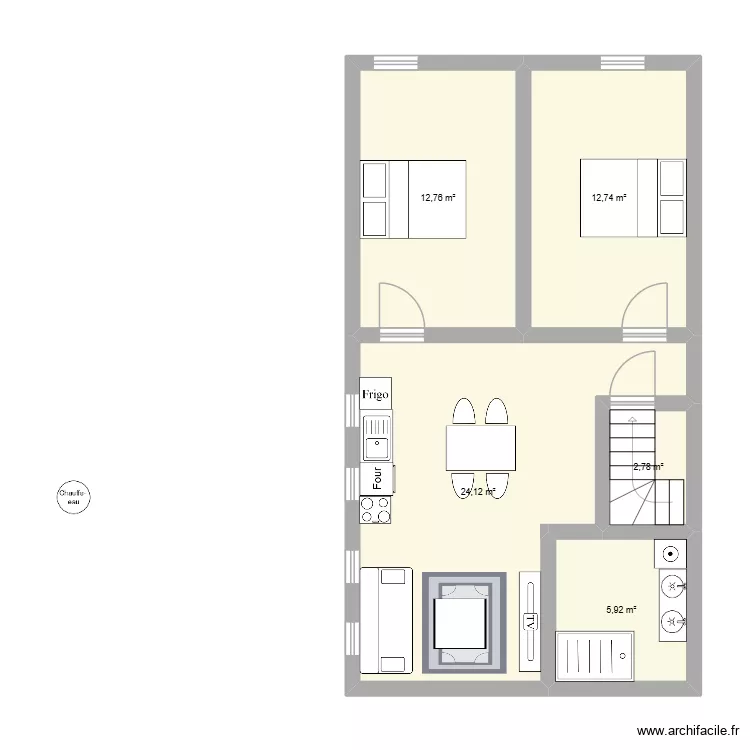 plan r&eacute;nov&eacute; appart n2. Plan de 5  et 58 m²