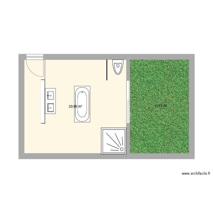 sale de bain. Plan de 2 pièces et 33 m2