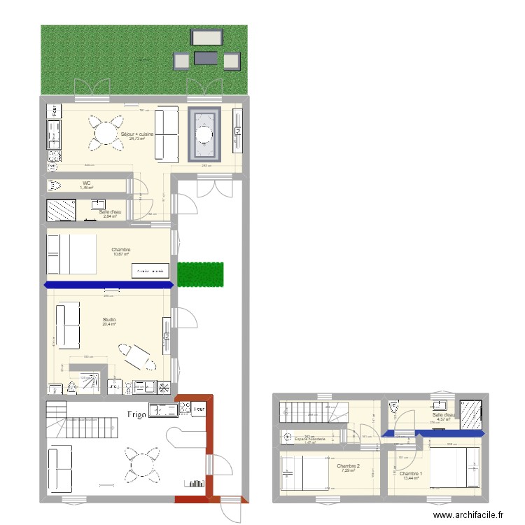 Projet division Maison en 3 lots_haut et bas. Plan de 9 pièces et 87 m2