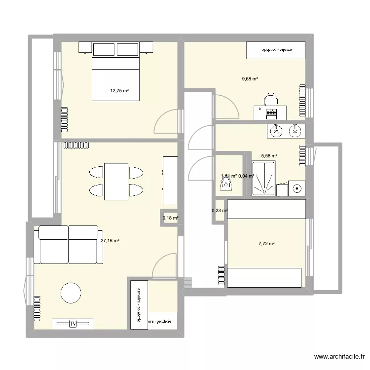 plan avec meubles. Plan de 9  et 65 m²