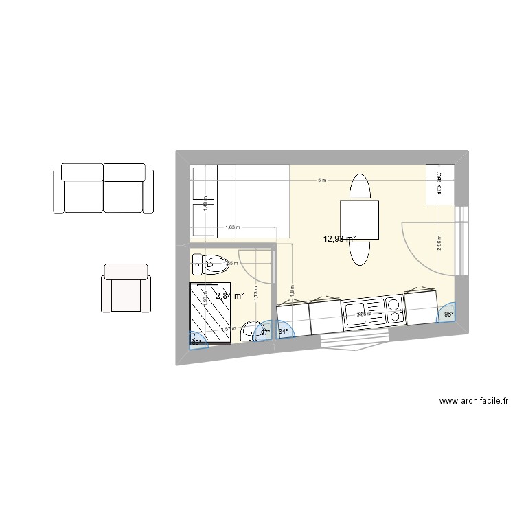 Studio. Plan de 2 pièces et 16 m2