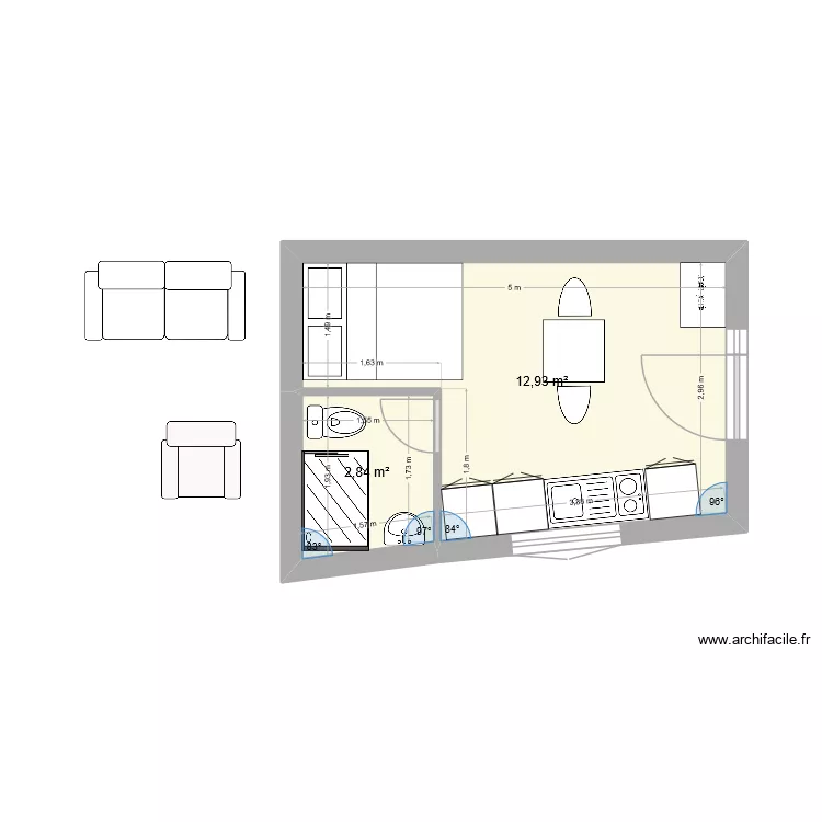 Studio. Plan de 2 pièces et 16 m²