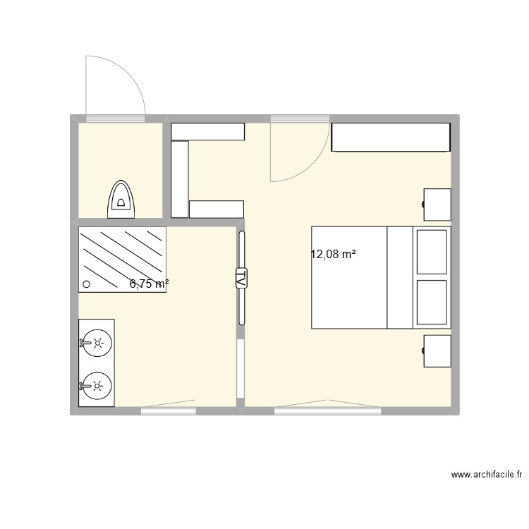chambre. Plan de 2 pièces et 19 m2
