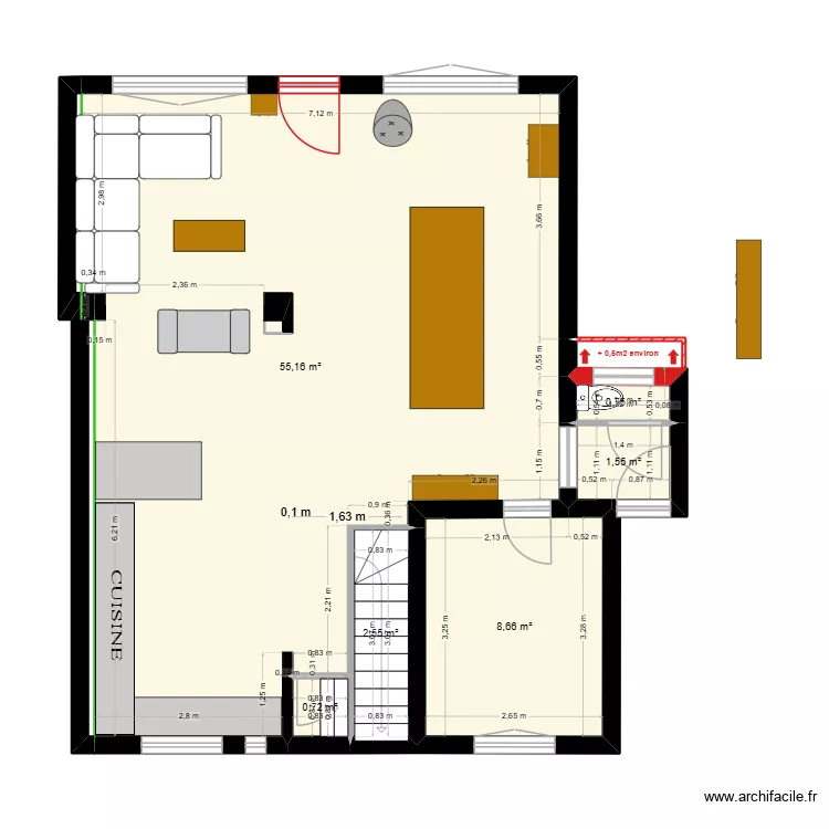 RDC avec meubles actuels. Plan de 6  et 69 m²