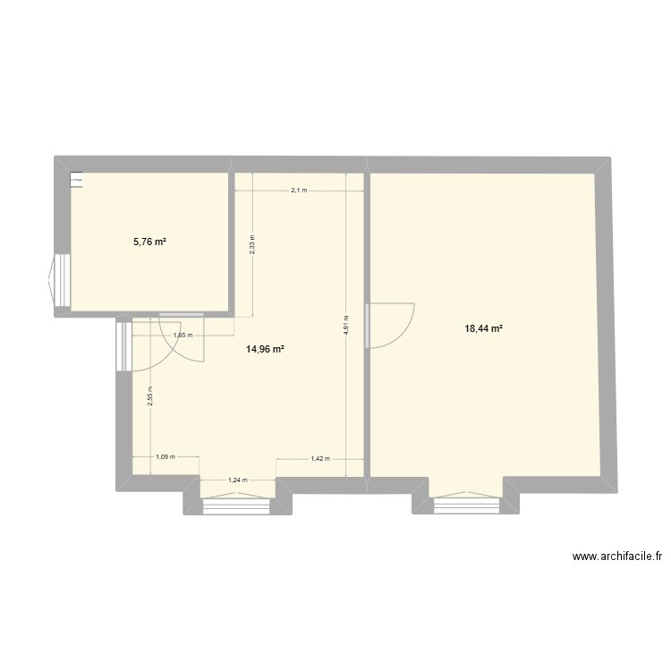 LEROY 308 actuel avant travaux vide. Plan de 3 pièces et 39 m2