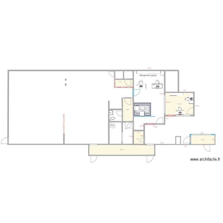 Nuveau studio Option 2. Plan de 6 pièces et 30 m2