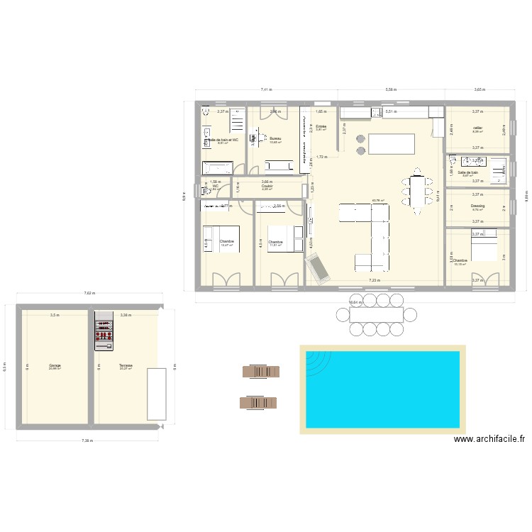 maison PISCINE OK. Plan de 14 pièces et 189 m2