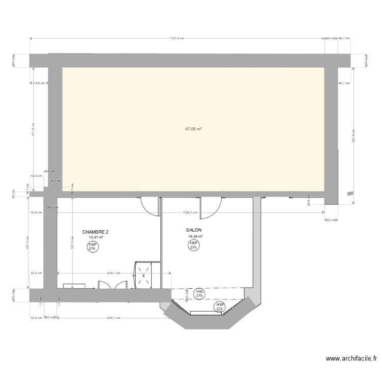 revon_gauche. Plan de 1 pièce et 47 m2