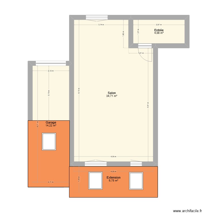 maison extension3D avec modif. Plan de 4 pièces et 60 m2