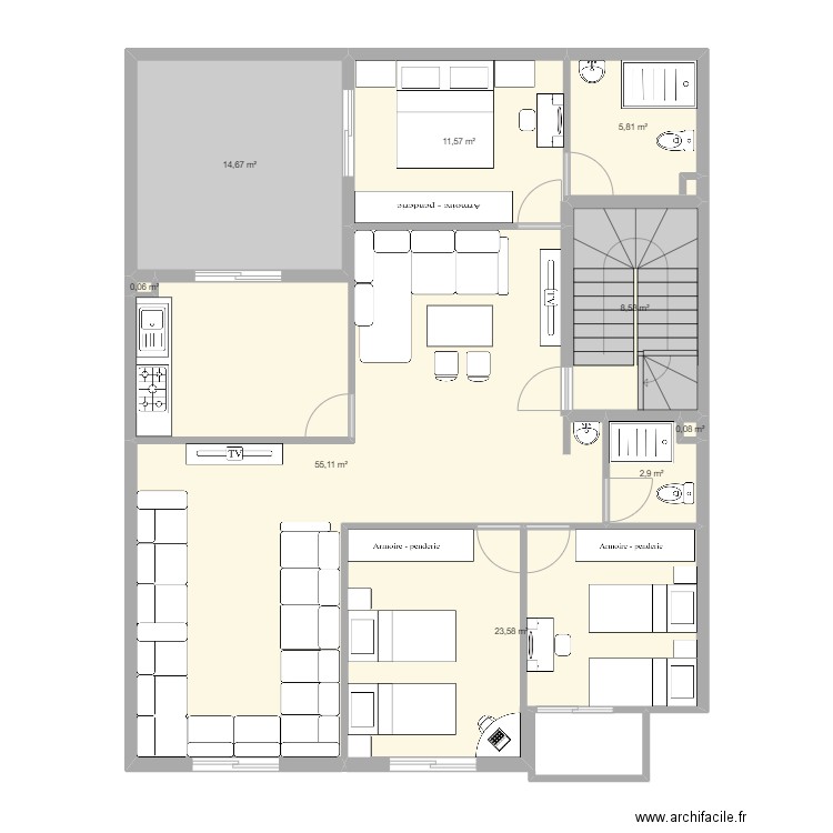 Maison El Houda. Plan de 9 pièces et 122 m2