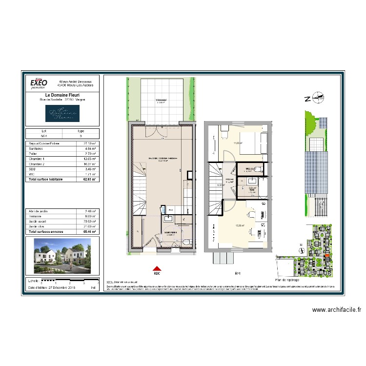 Maison Veigné Etage. Plan de 5 pièces et 36 m2