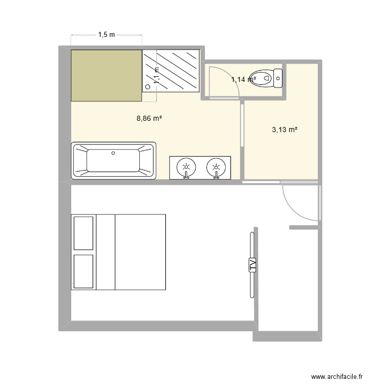 CHAMBRE. Plan de 3 pièces et 13 m2