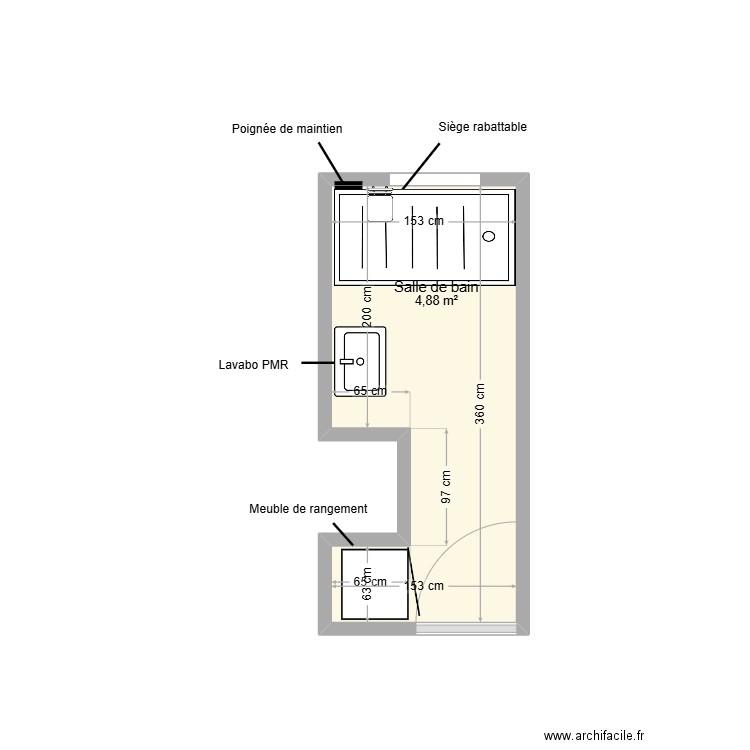 FAURE Claudine salle d'eau. Plan de 1 pièce et 5 m2