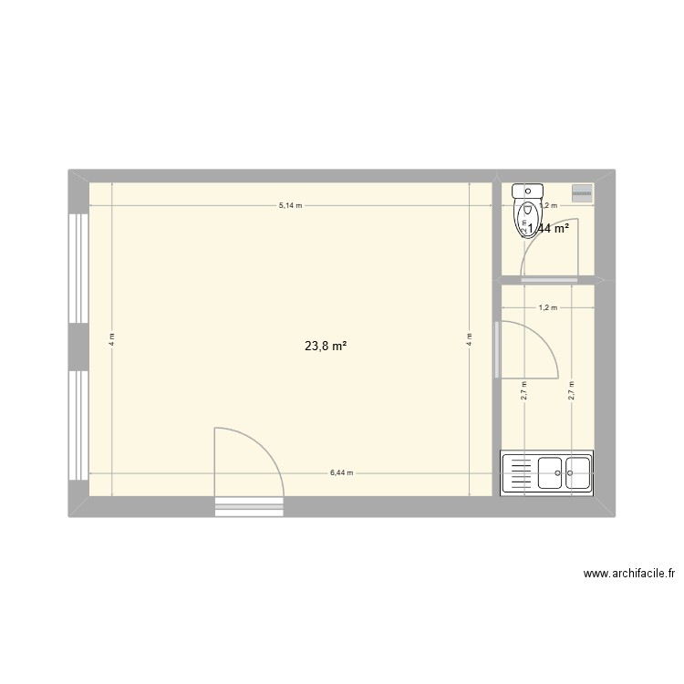 Couture. Plan de 2 pièces et 25 m2