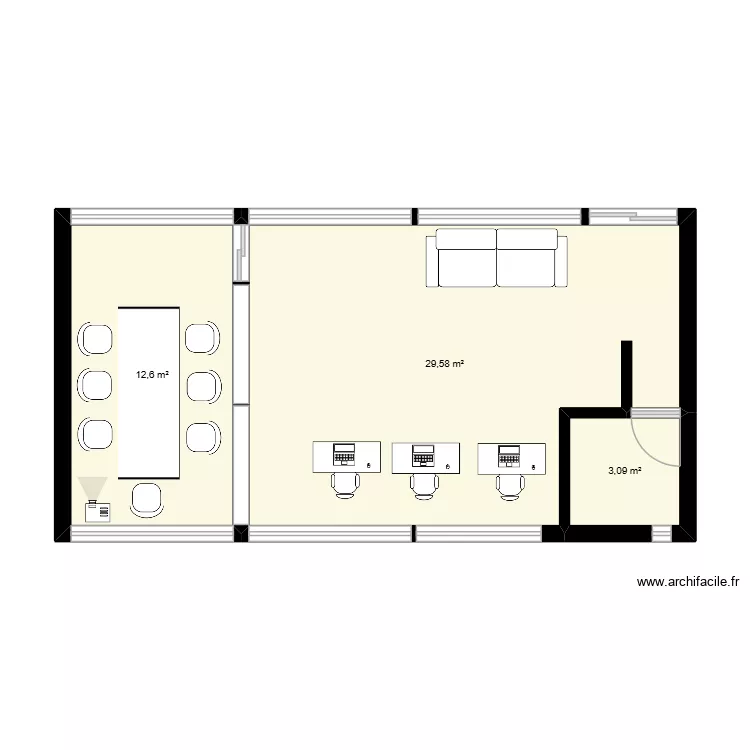 bureau. Plan de 3 pièces et 45 m²