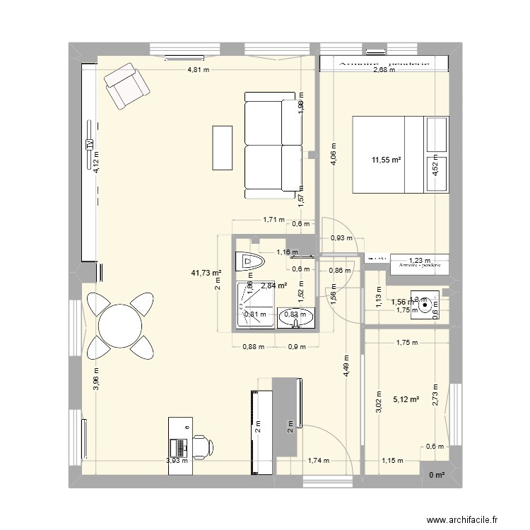 Cuisine + Buanderie séparées + Isolation. Plan de 8 pièces et 62 m2