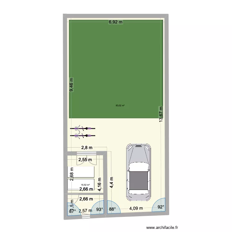 Jardin avant. Plan de 2  et 94 m²