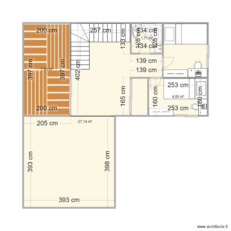 plan pour tiny house forme L 1ere etage apres corection. Plan de 6 pièces et 46 m2