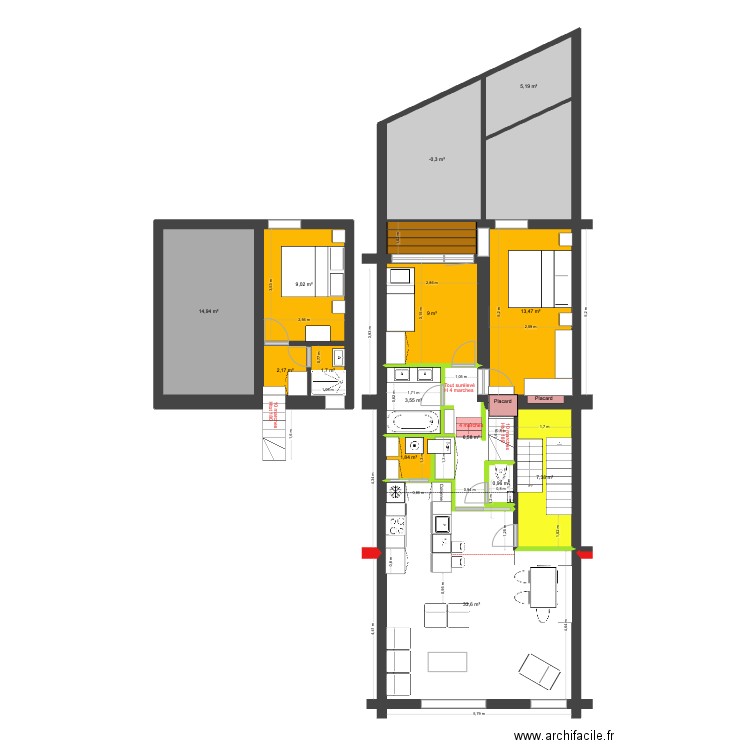 BAUCQ 77 1e étage Construction. Plan de 14 pièces et 120 m2