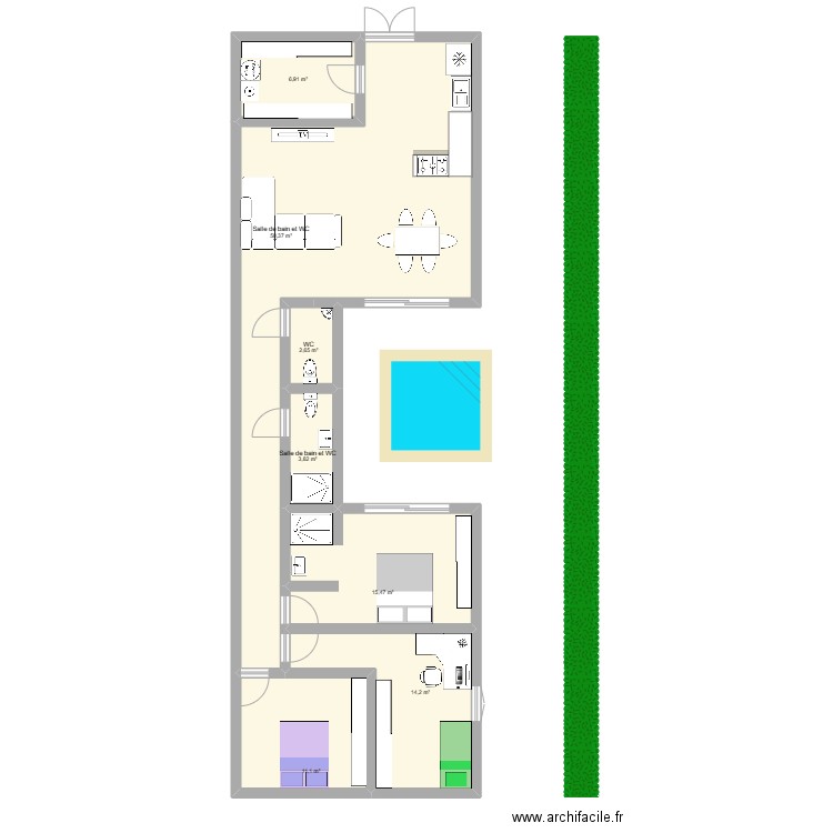 plan U. Plan de 7 pièces et 105 m2