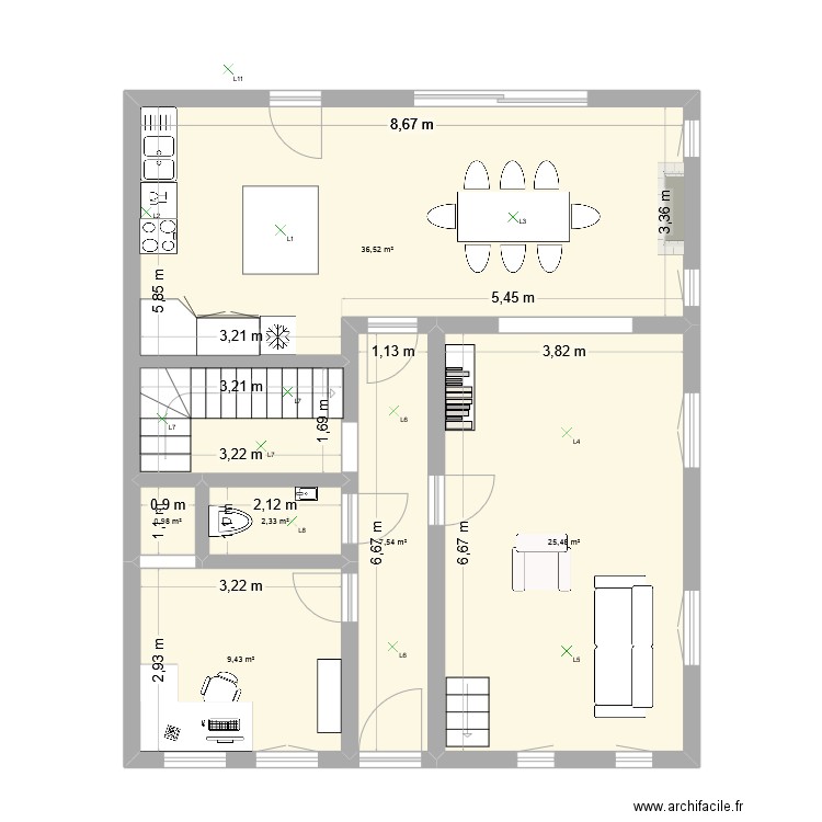 Plan maison P et M. Plan de 6 pièces et 82 m2