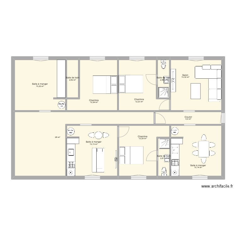 appart ch. Plan de 12 pièces et 136 m2