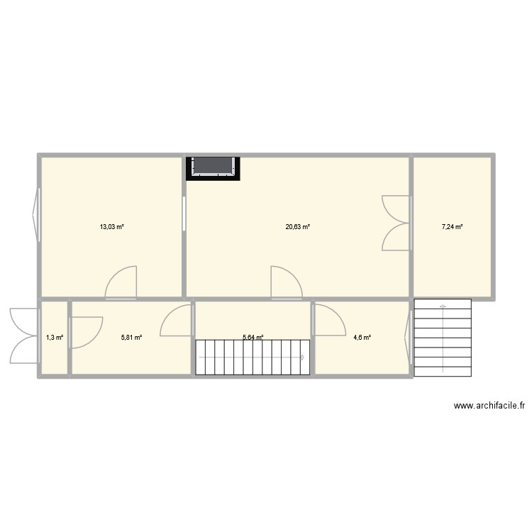 RDC. Plan de 7 pièces et 58 m2