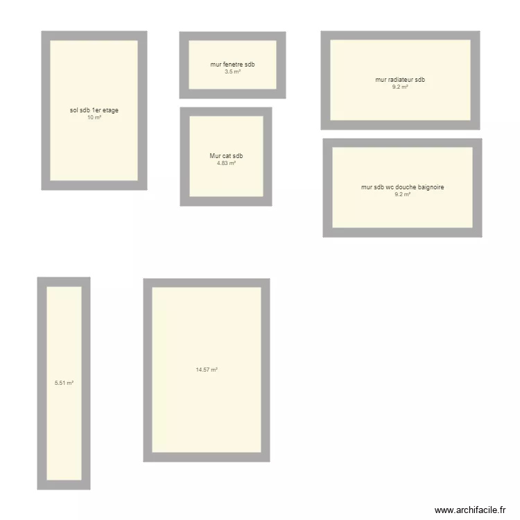 mure sol sdb carrelage. Plan de 7  et 57 m²